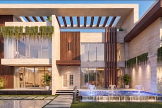 remodel modern villa exterior, facades, pergola roof, landscape, waterfall pool