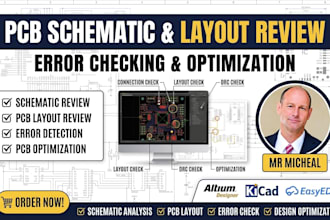 review your pcb schematic and pcb layout for errors and pcb optimization
