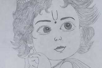 pencil drawing, art, drawing of lord krishna
