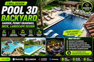 design pool 3d backyard garden, permit drawings, deck, landscape design