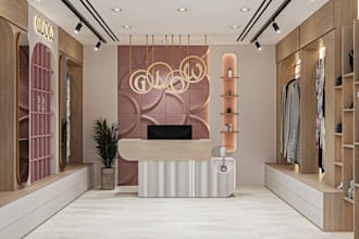 highend 3d boutique retail space,clothing store,reception desk,cgi shop interior