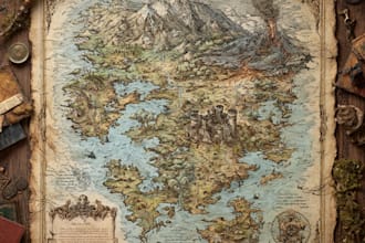 draw a detailed hand drawn fantasy map