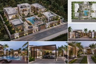 do architectural site plan, landscape rendering, swimming pool, building fence
