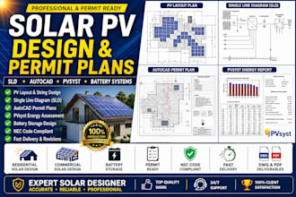 design solar pv permit plans, sld, autocad, pvsyst and battery systems