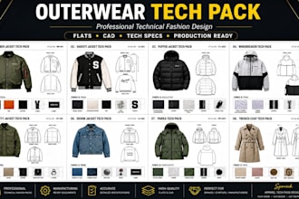 create outerwear jacket tech pack, cad flats and technical fashion design