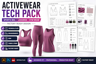 create activewear tech pack for sports bra, fitness wear, leggngs and gym wear
