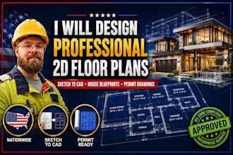 draft 2d floor plans, convert sketches to cad, and design house blueprints