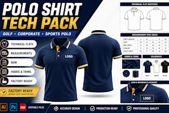 create polo tshirt tech pack for golf corporate, sports polo and mockup design