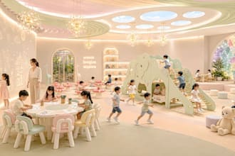 refurbish 3d playschool interior, creative hub,kids playroom,nursery room render