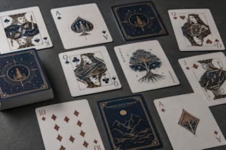 create custom playing card design, playing deck, tuck box and card illustration