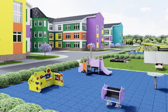 3d modern educational facility,preshool building,kindergarten,outdoor playground