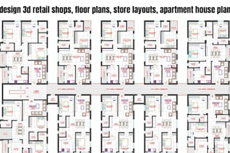 design 3d retail shops, floor plans, store layouts, apartment house plan