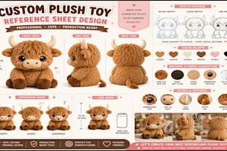 create a custom plush toy design reference sheet with sewing pattern and details