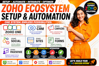 setup zoho CRM, zoho one, campaigns, social, sites, forms, pagesense automation
