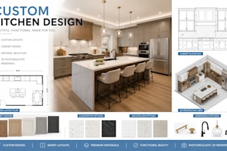 design kitchen with cabinets, materials, layout and photorealistic 3d rendering