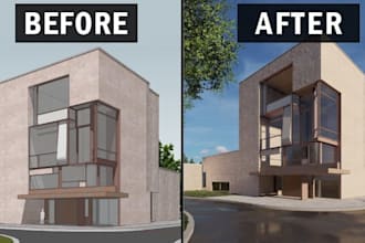 create a detailed 3d architectural exterior model and photorealistic render