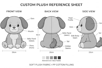 design custom plush reference sheet tech pack stuffed animal toy and ych concept