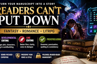 developmental editing, line editing, proofreading for fantasy, romance, litrpg