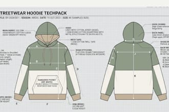 create clothing design and  fashion tech pack for your clothing brand