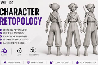 do character retopology, 3d model retopo, low poly topology, uv unwrap for games
