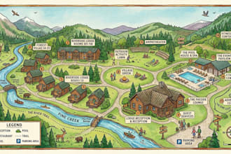 illustrate unique custom resort map, hotel map, campground map and tourist map