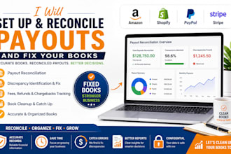 set up, reconcile your amazon, shopify, paypal, stripe payout and fix your book
