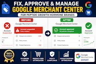 approve and manage google merchant center for peptide growth hormone brands