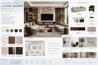 design a modern luxury living room mood board with furniture and materials