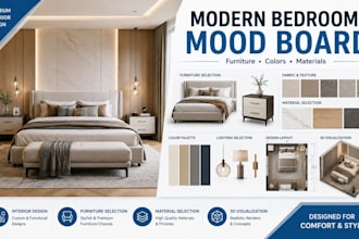 create bedroom interior design mood board with furniture, colors and materials