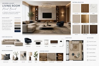 design a modern luxury living room with mood board and material selection