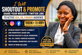 shoutout promote website twitter sharelink to active 250m USA UK canada audience