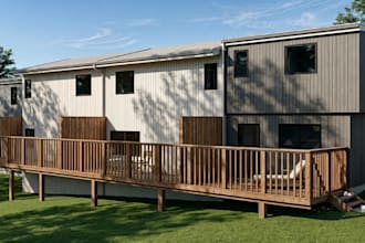 redefine 3d duplex house exterior,townhouse villa,sloped lawn,wooden deck render