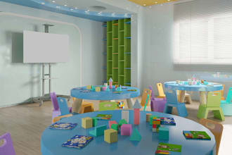 refinish 3d modern preschool classroom, nursery interior, daycare playroom setup