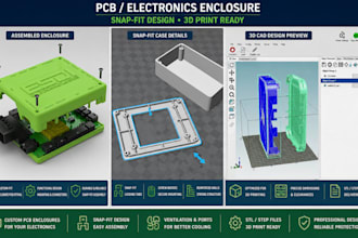 custom pcb electronics enclosure with snap fit 3d cad for 3d printing, stl, step