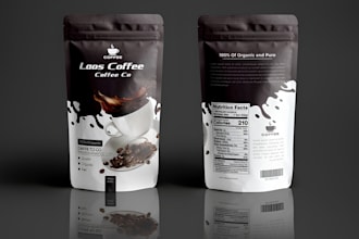 unique coffee bag, mylar bag, pouch and box, label design, with 3d mockup