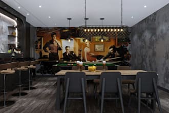 render 3d billiard room design,pool table green felt,basement bar,game lounge
