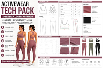 create activewear tech pack for sportwear, sports bra, leggings and gymwear