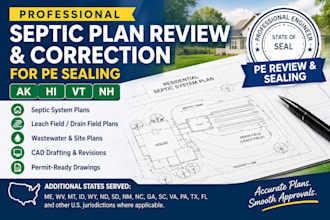 review, correct and stamp ak, hi, vt nh septic, leach field and wastewater plans