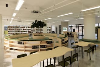 render 3d modern library interior, study lounge, bookstore, educational facility
