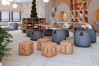 biophilic 3d nursery room,montessori classroom layout,kids playroom space render