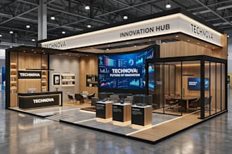 create 3d trade booth, exhibition stand, stall, kiosk, display stall, 3d render