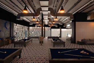 renovate indoor game room,functional layout planning,interior barcade design,cgi