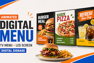 design animated digital menu board, tv menu, led screen ads and digital signage