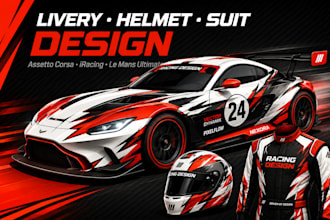design full sim racing livery, helmet, and suit for assetto corsa, iracing, lmu