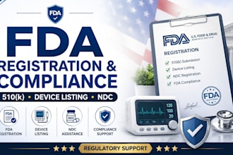 handle fda 510k submission, device listing, ndc, fda registration and compliance