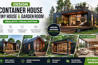 design container house, tiny house, garden room and realistic visualization