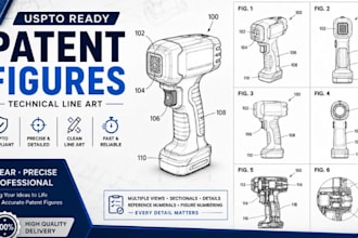 create uspto patent figures technical line art and detailed invention drawing