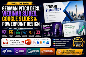 design german pitch deck, webinar slides, google slides and powerpoint design