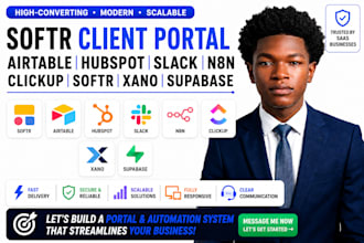 softr client portal airtable hubspot slack n8n clickup softr xano supabase