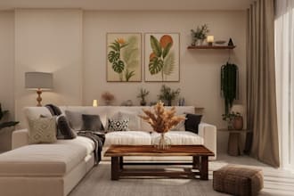 design 3d organic modern living area, cozy scandi, bedroom layout, dining space